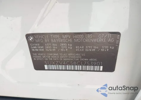 2012 BMW X5 xDrive35I/xDrive35I Premium/xDrive35I Sport Activity z USA, uszkodzony, nr VIN 5UXZV4C58CL753901